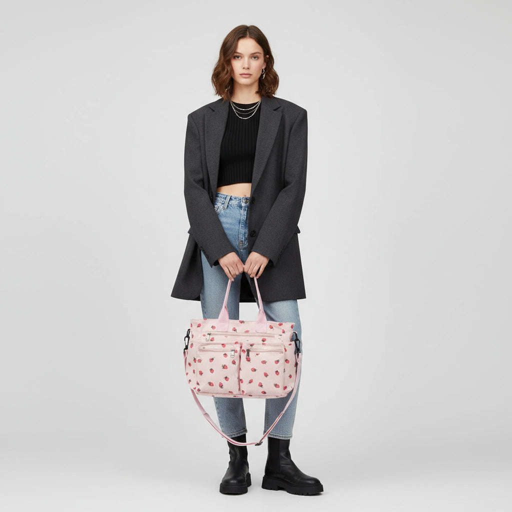 Strawberry Print Corduroy Shoulder Bag