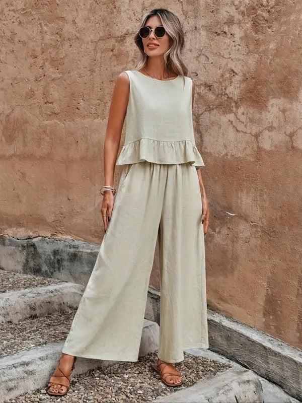 Ruffle Hem Sleeveless Top and Wide Leg Pants Set
