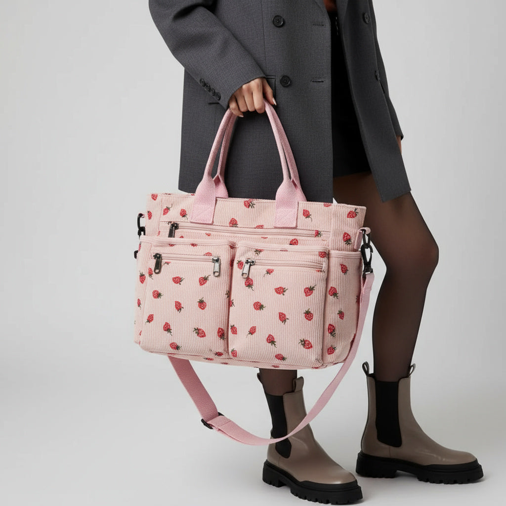 Strawberry Print Corduroy Shoulder Bag
