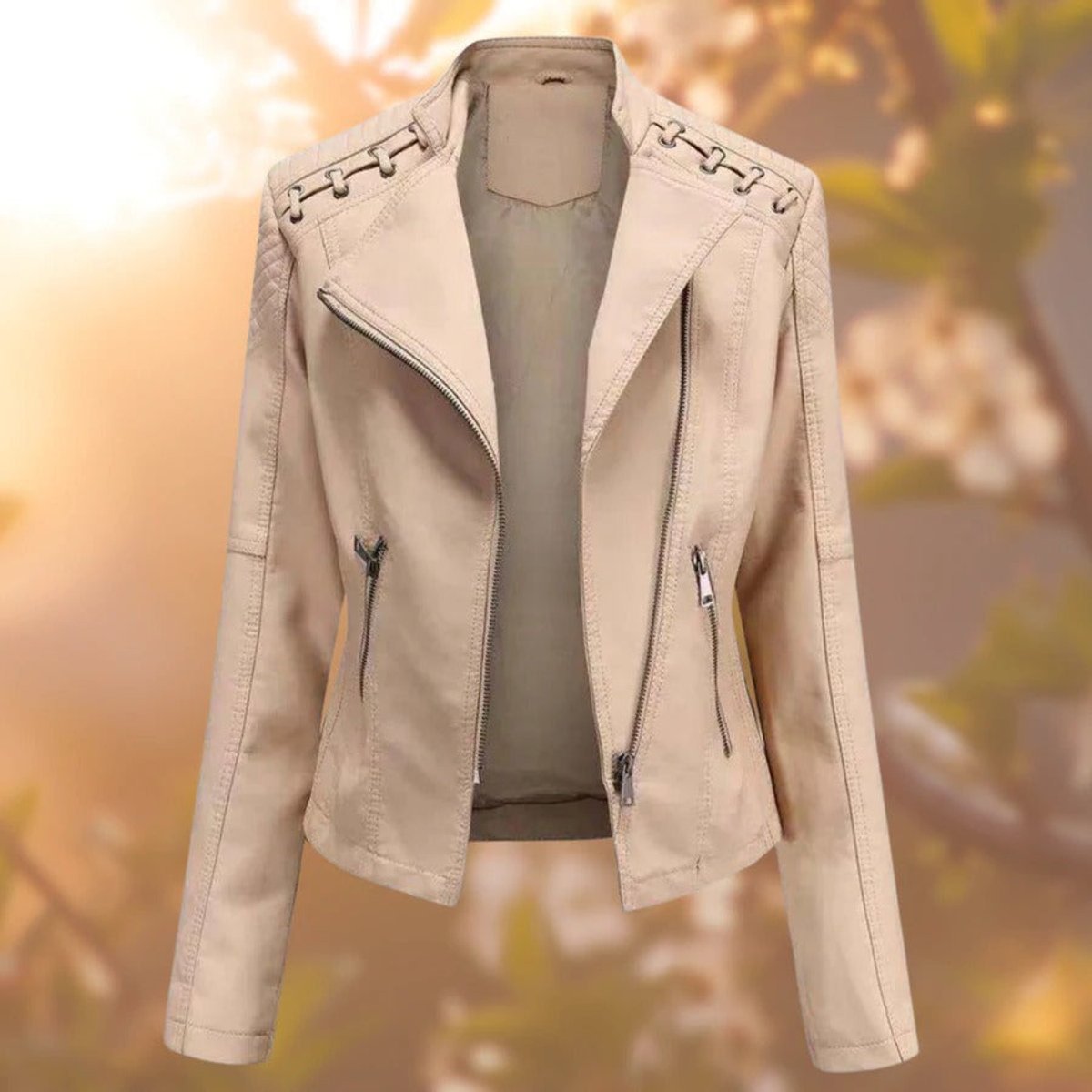Asymmetric Zip Biker Jacket With Shoulder Lacing