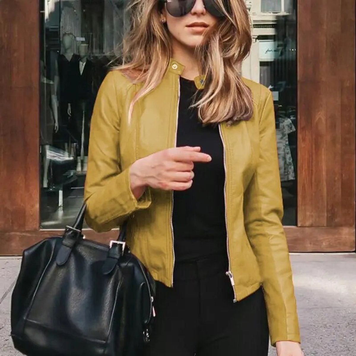 Cropped Stand Collar Faux Leather Zip Jacket