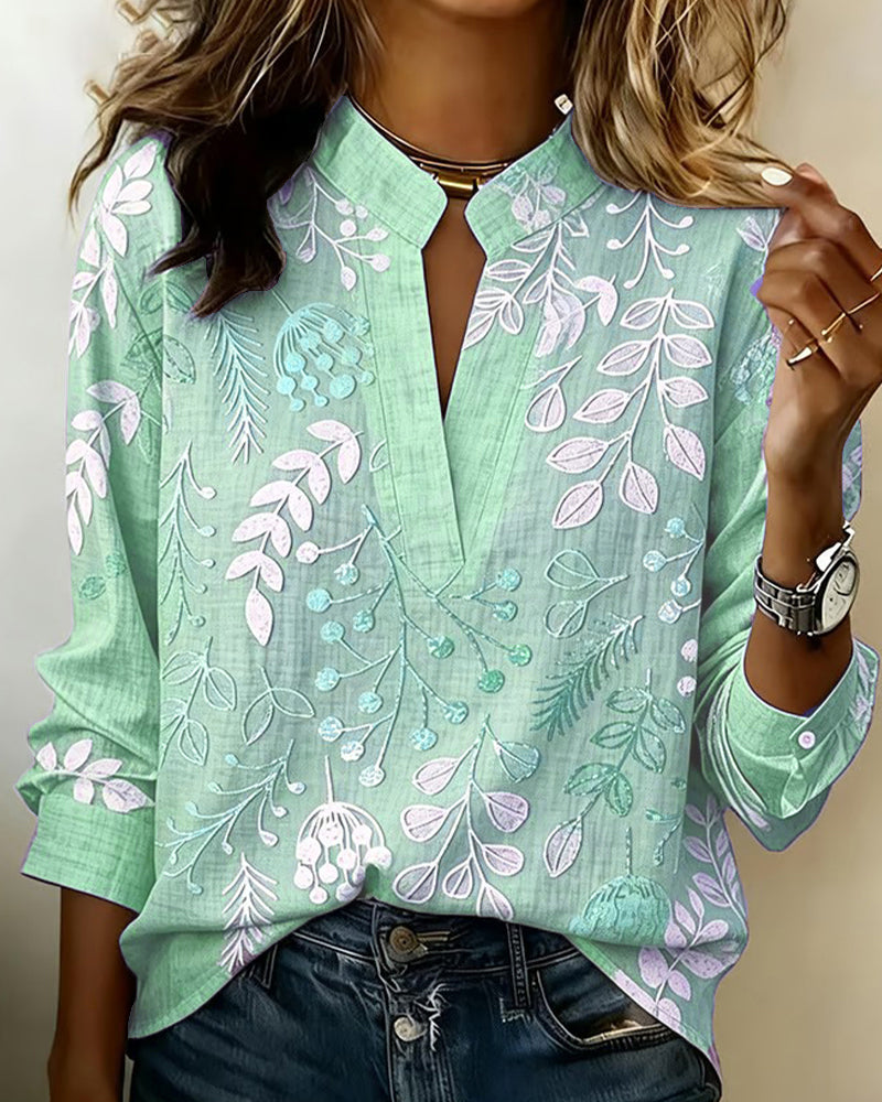 Floral Print V-Neck Blouse with Short Sleeves