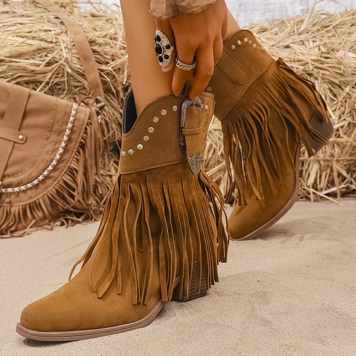Fringe Western Ankle Boots with Studded Detail