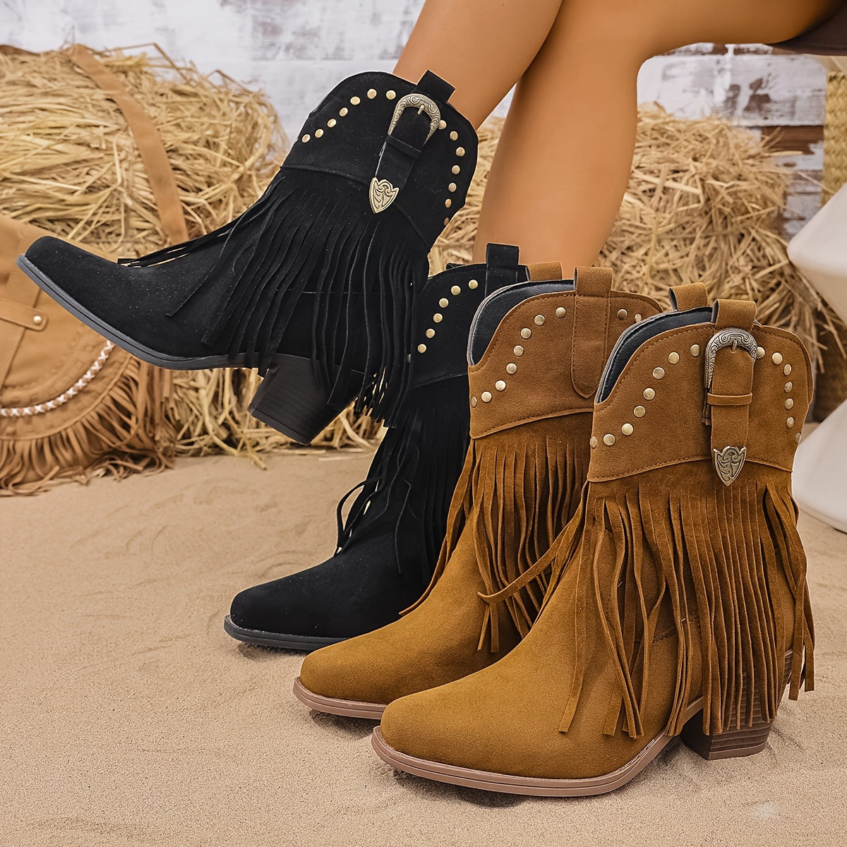 Fringe Western Ankle Boots with Studded Detail