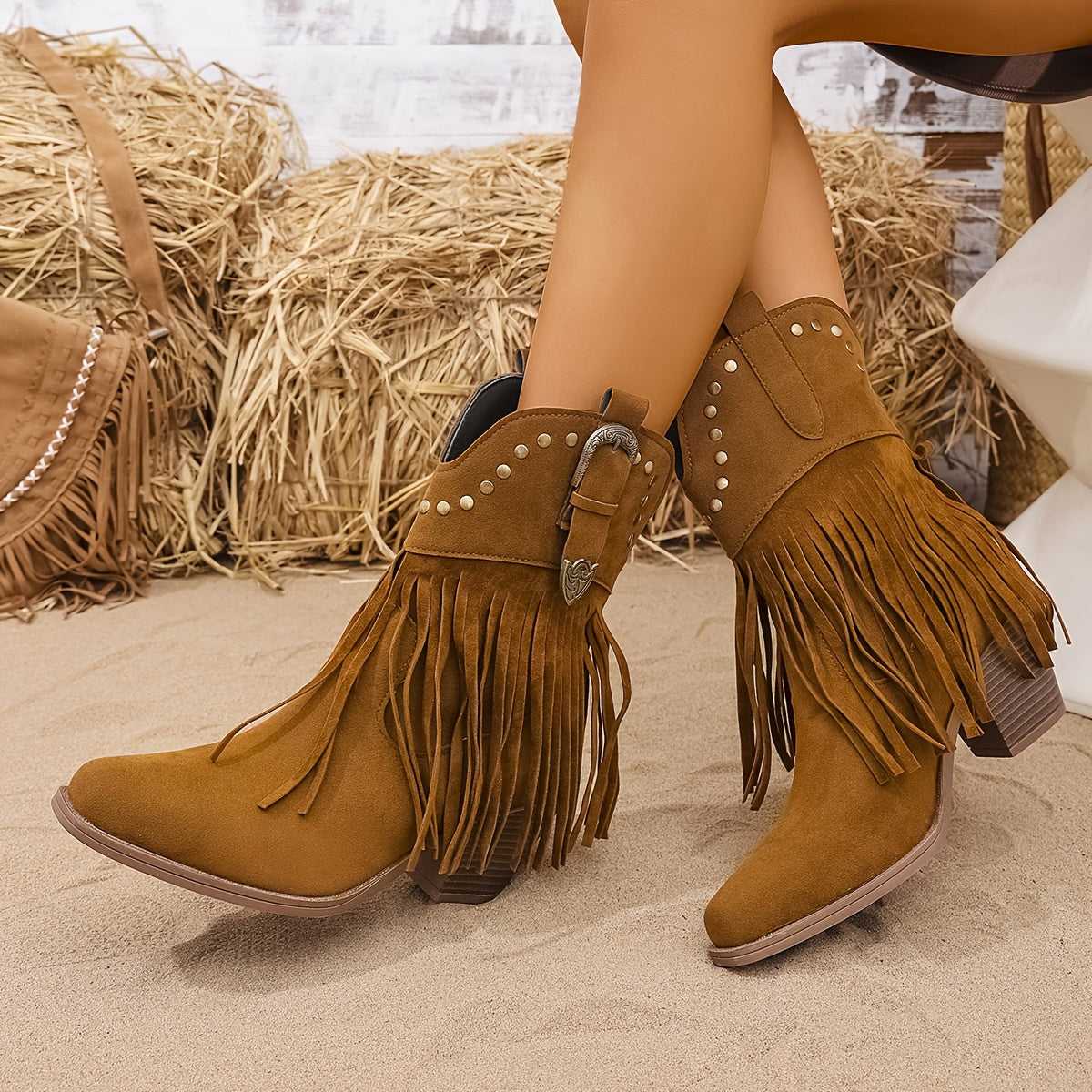 Fringe Western Ankle Boots with Studded Detail