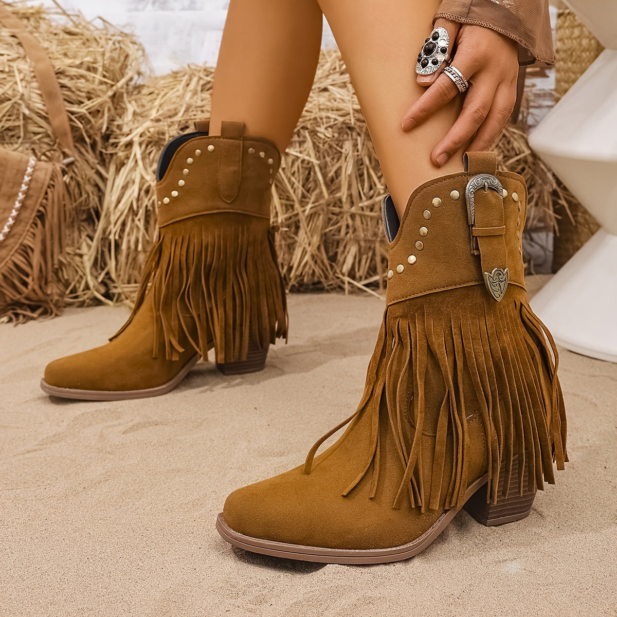 Fringe Western Ankle Boots with Studded Detail