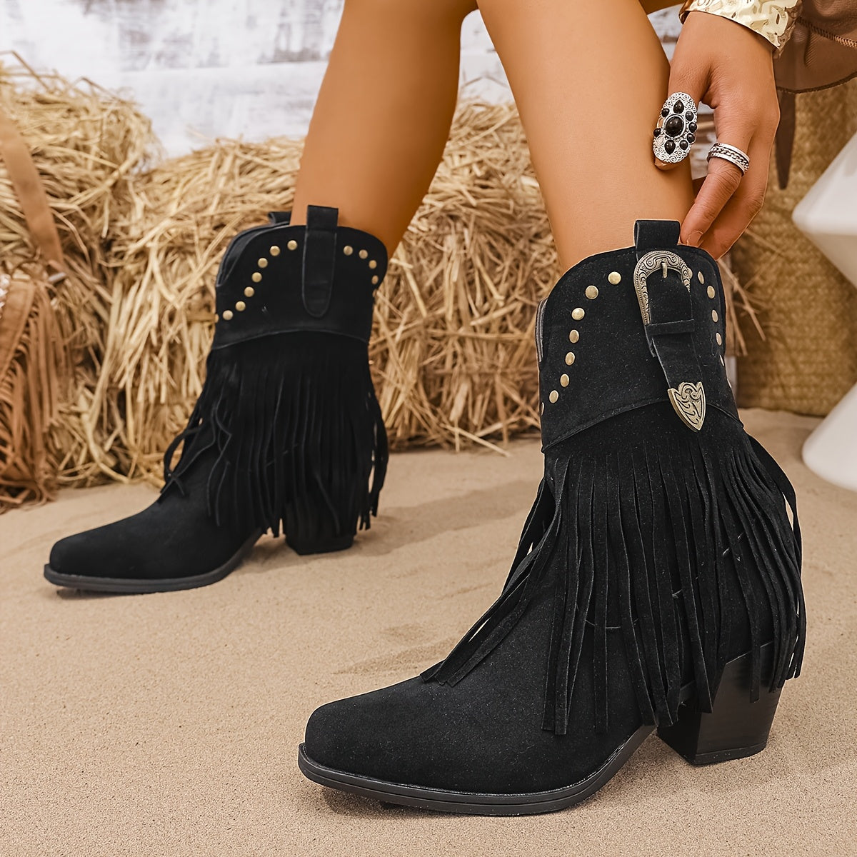 Fringe Western Ankle Boots with Studded Detail