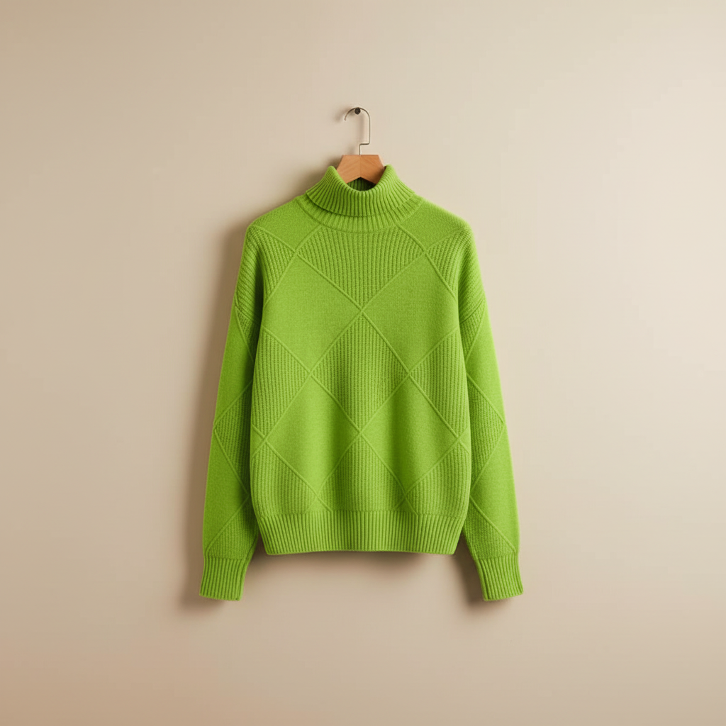 Diamond Knit Turtleneck Sweater with Ribbed Cuffs