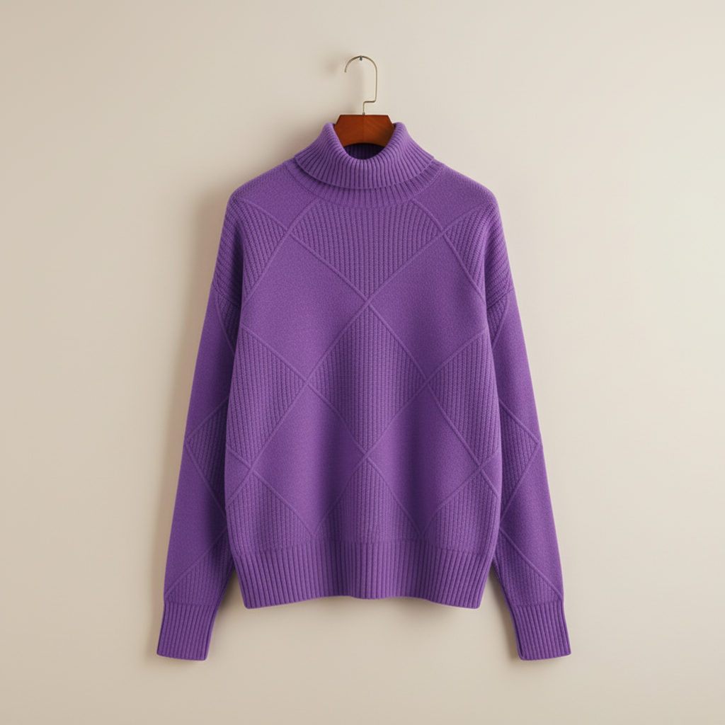 Diamond Knit Turtleneck Sweater with Ribbed Cuffs