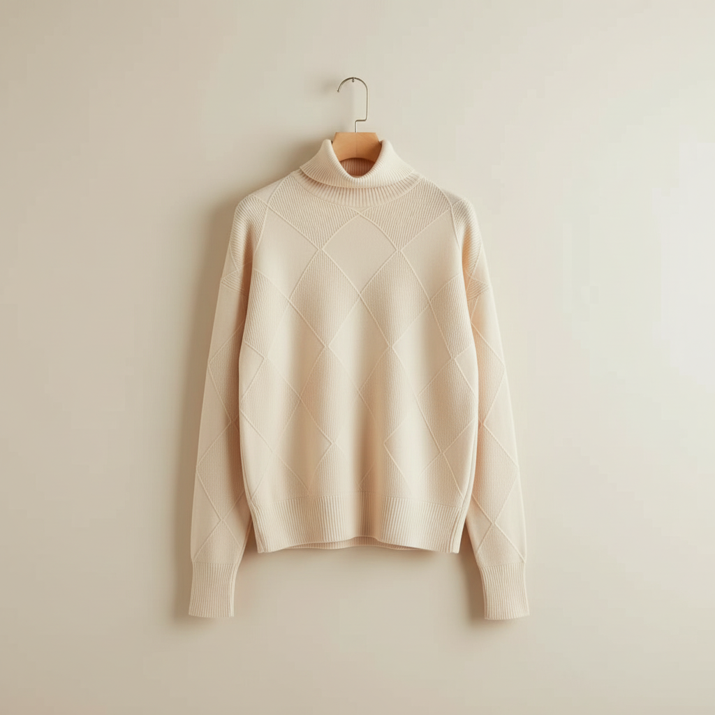 Diamond Knit Turtleneck Sweater with Ribbed Cuffs
