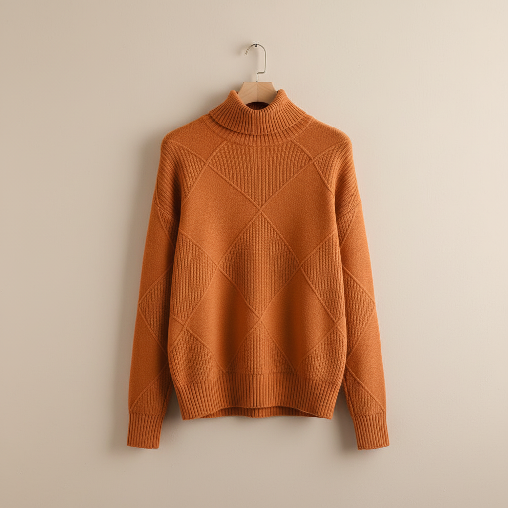 Diamond Knit Turtleneck Sweater with Ribbed Cuffs