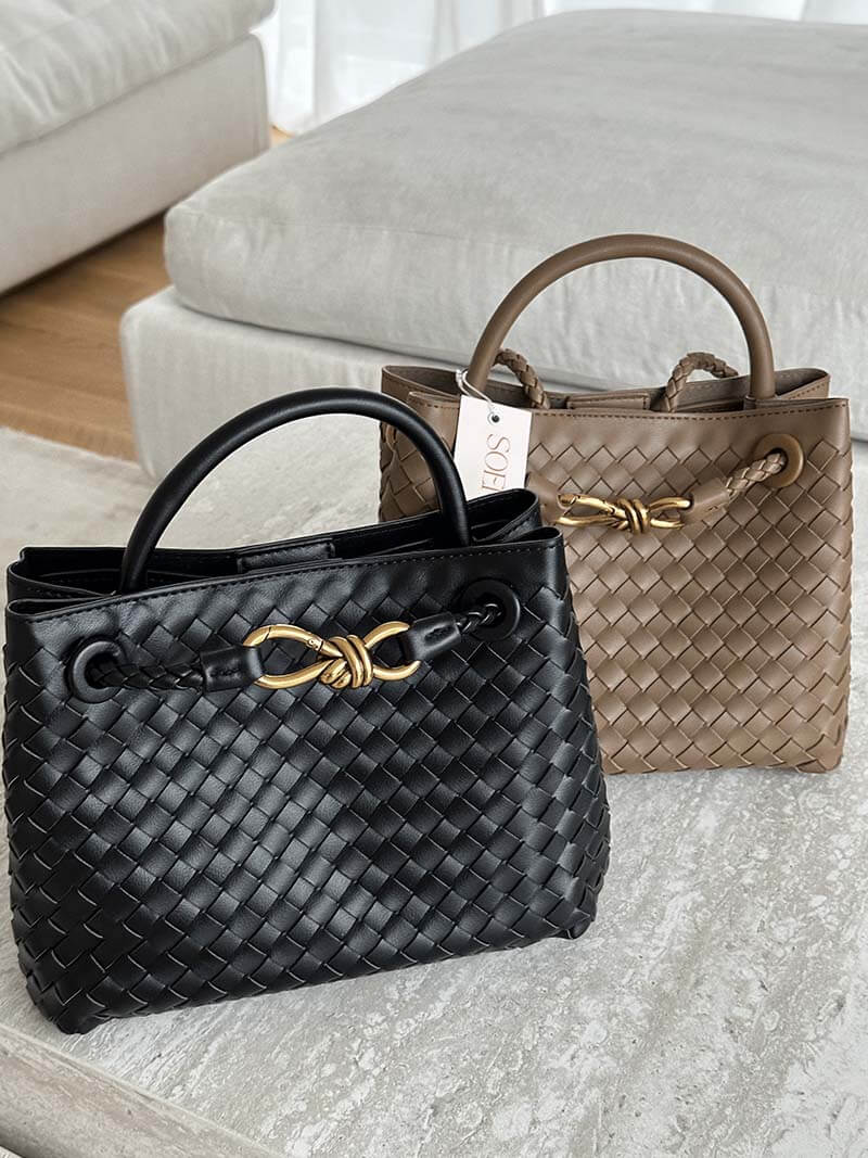 Structured Braided Faux Leather Tote Handbag