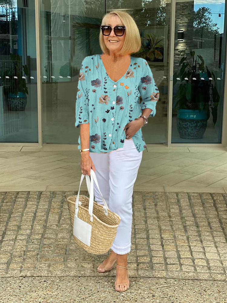 Printed V-Neck Three-Quarter Sleeve Button Blouse