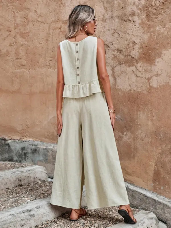 Ruffle Hem Sleeveless Top and Wide Leg Pants Set