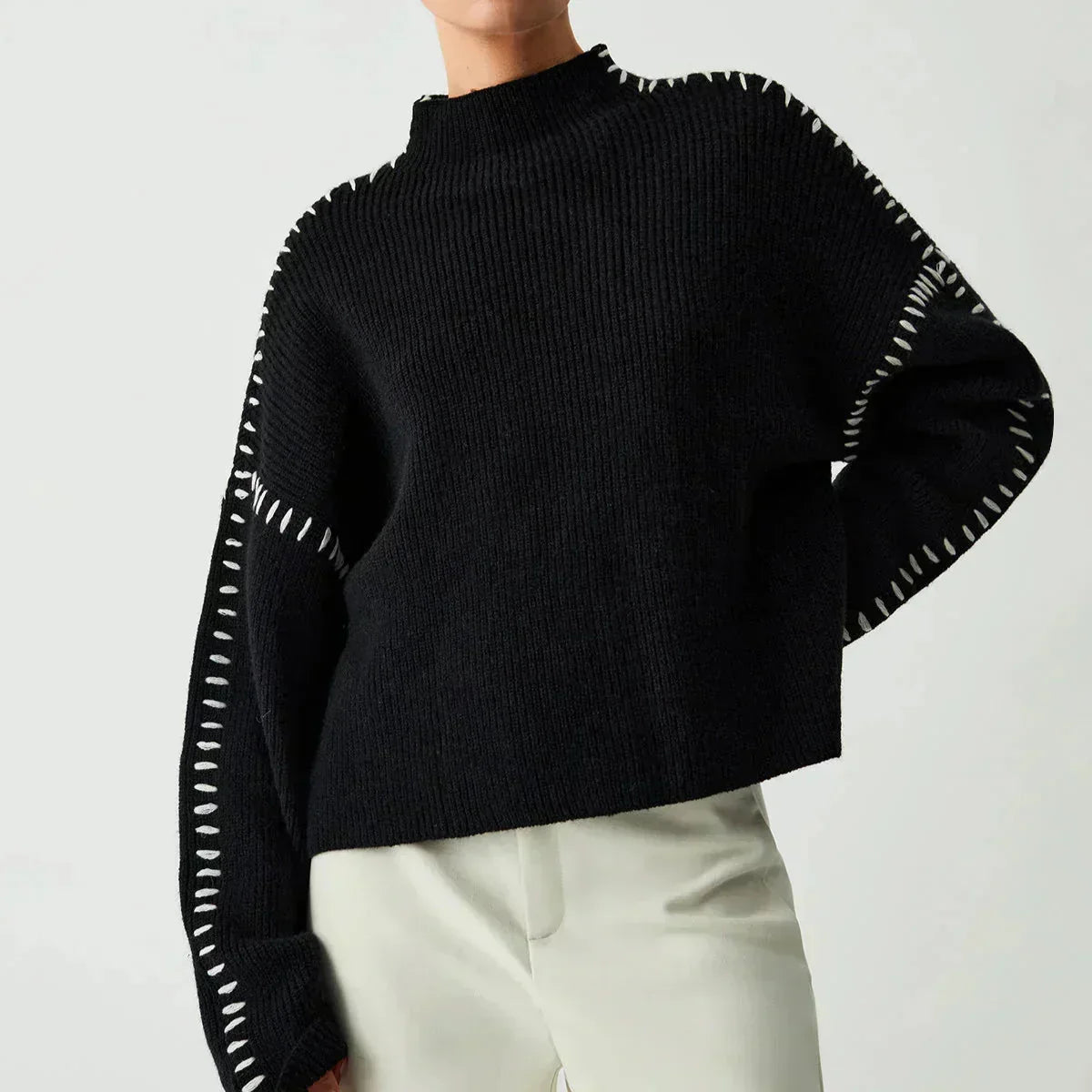 Oversized Mock Neck Sweater with Whipstitch Trim