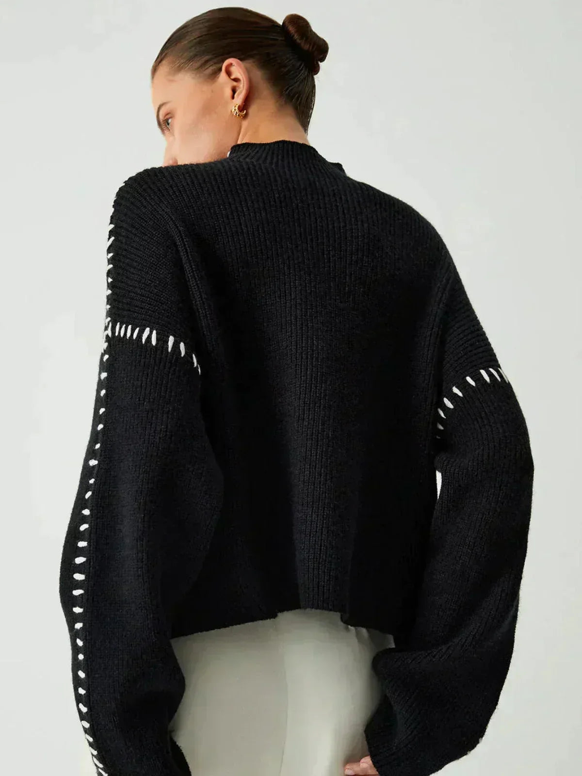 Oversized Mock Neck Sweater with Whipstitch Trim