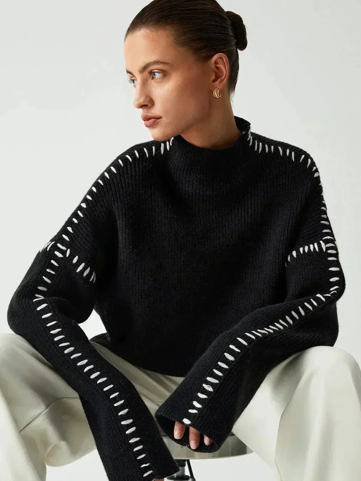 Oversized Mock Neck Sweater with Whipstitch Trim