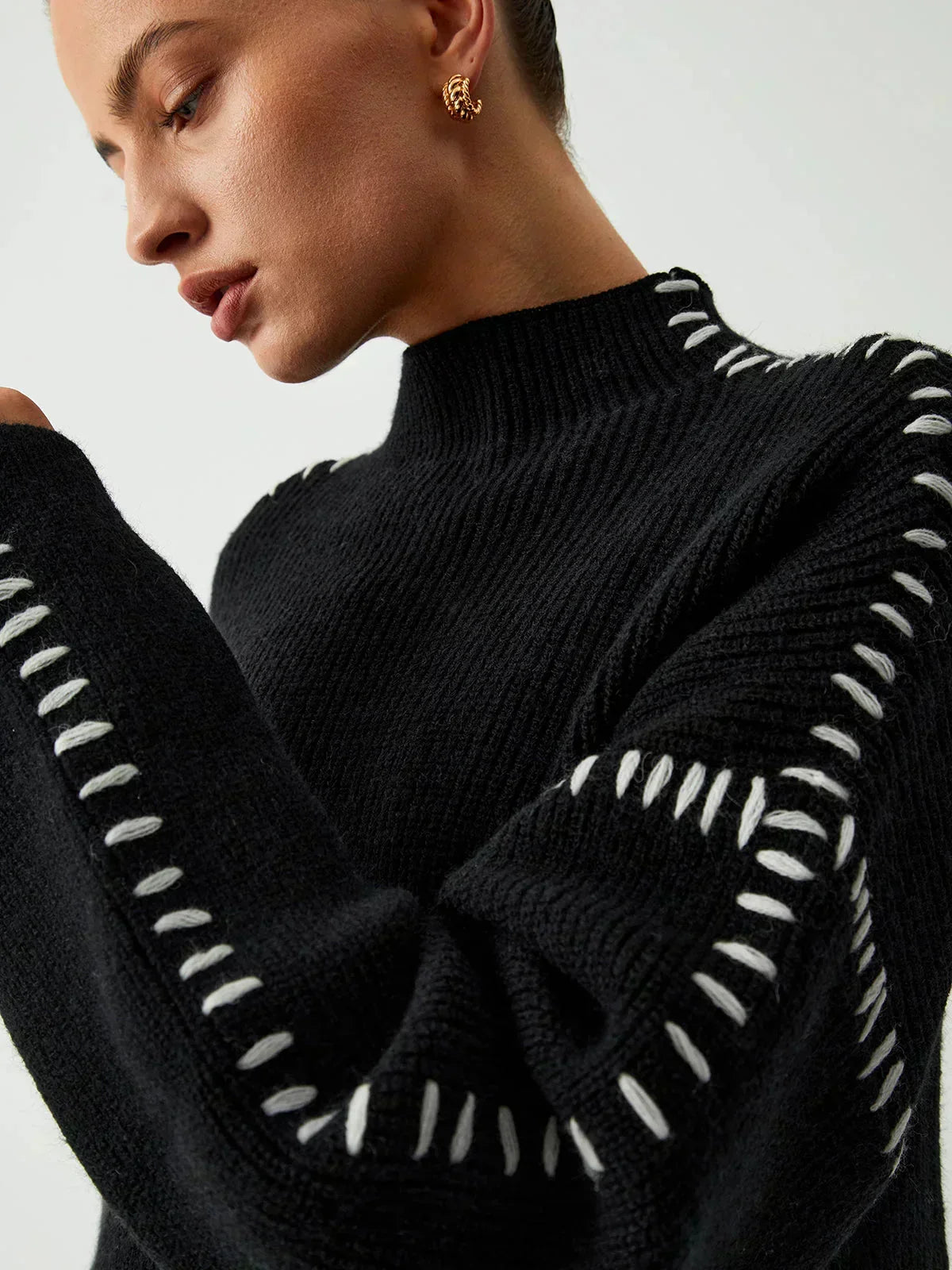 Oversized Mock Neck Sweater with Whipstitch Trim
