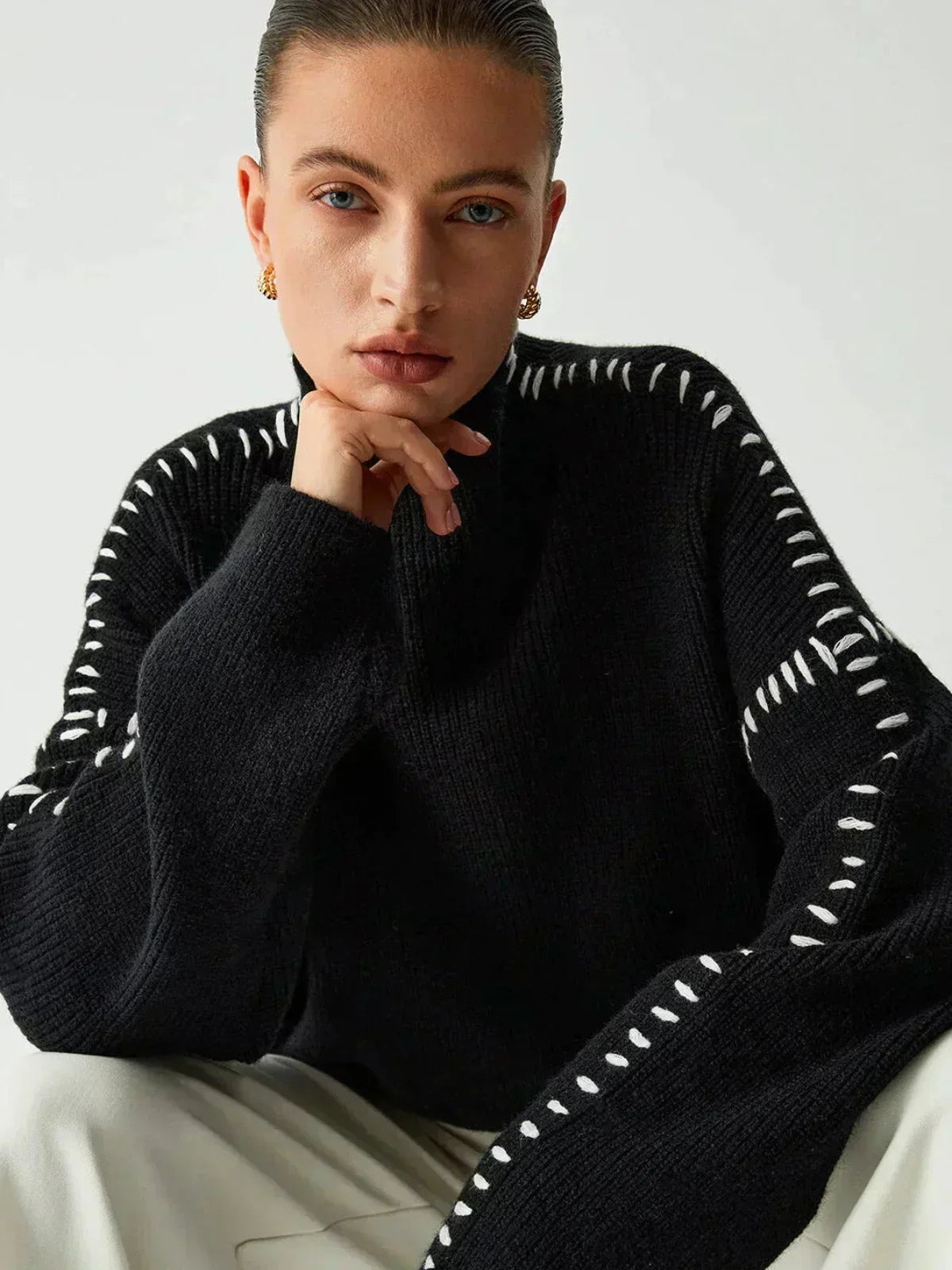 Oversized Mock Neck Sweater with Whipstitch Trim