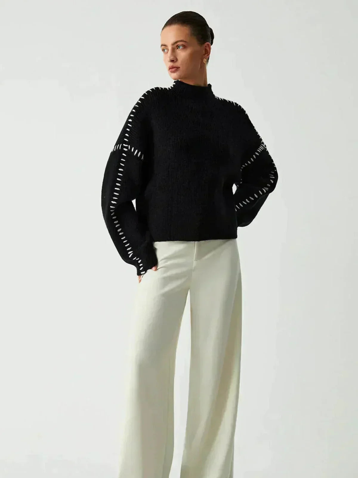 Oversized Mock Neck Sweater with Whipstitch Trim