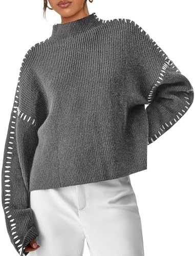 Oversized Mock Neck Sweater with Whipstitch Trim