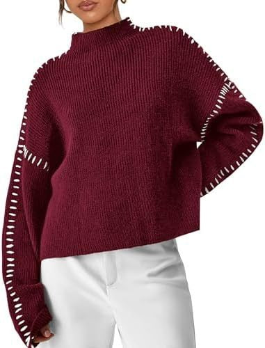 Oversized Mock Neck Sweater with Whipstitch Trim