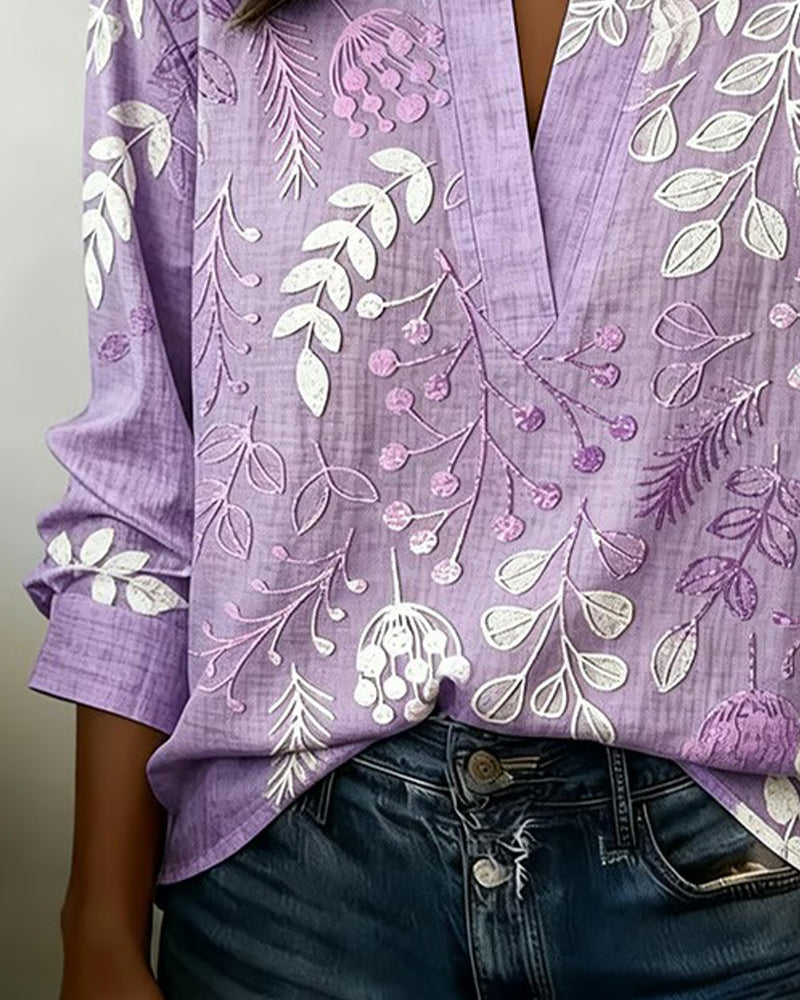Floral Print V-Neck Blouse with Short Sleeves