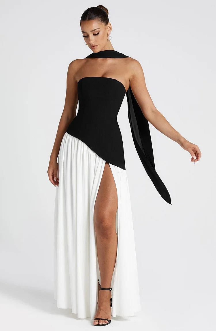 Strapless Asymmetric Hem Chiffon Maxi Dress
