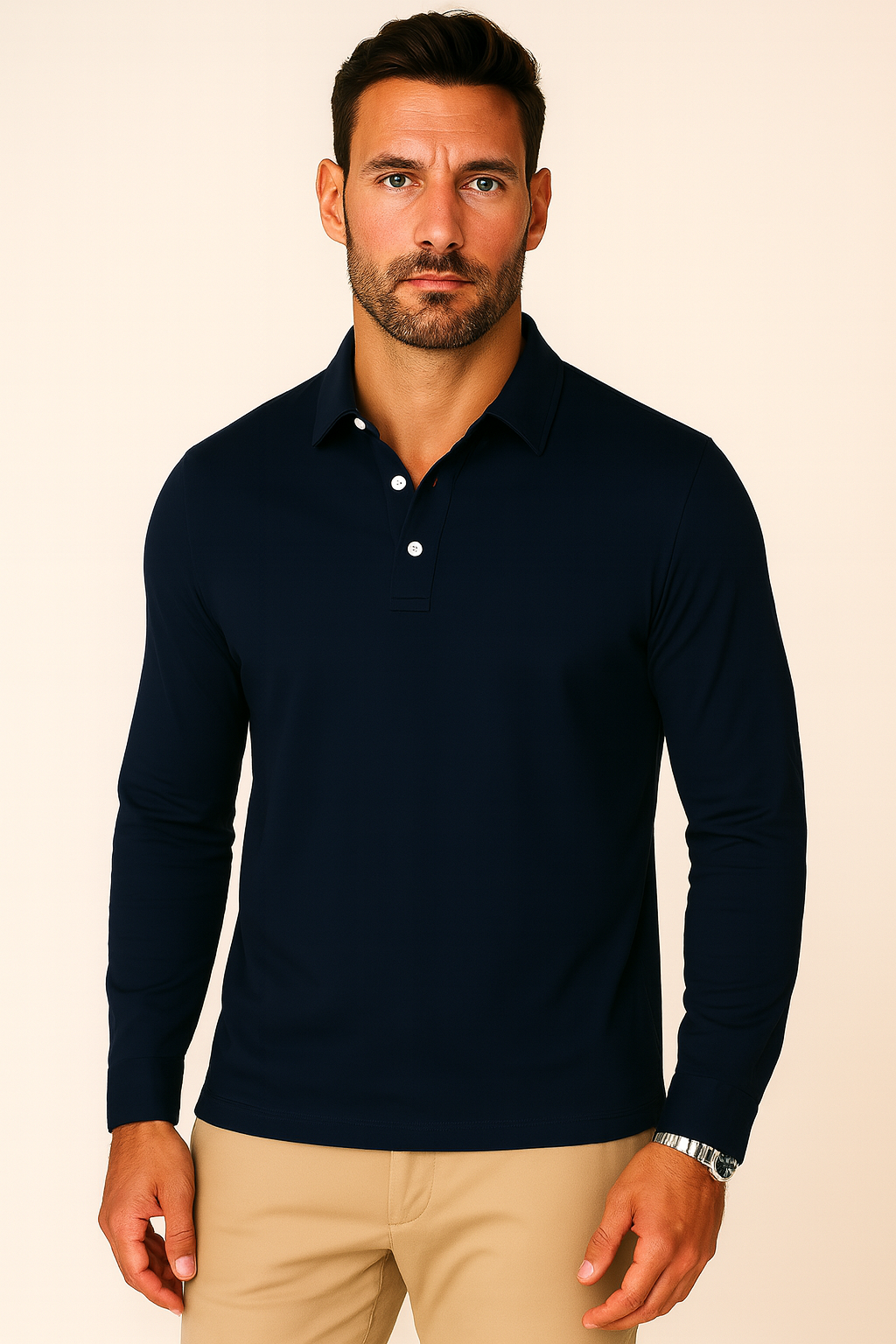 Men's Long Sleeve Cotton Polo Shirt With Button Collar