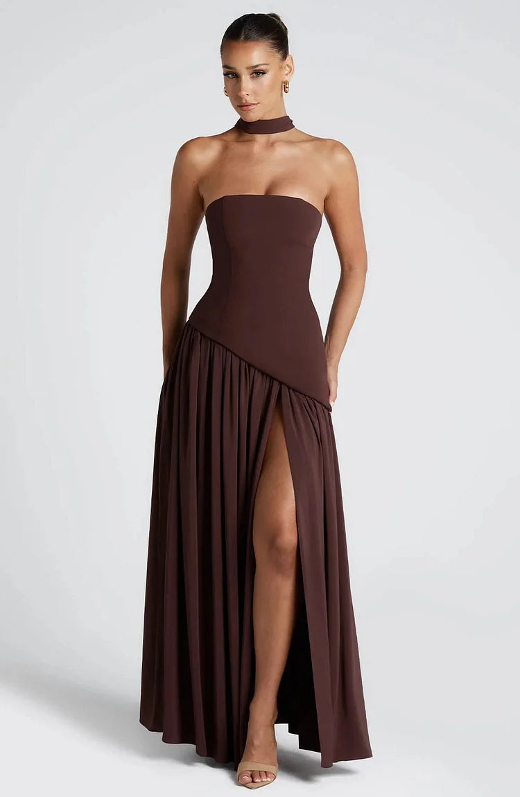 Strapless Asymmetric Hem Chiffon Maxi Dress