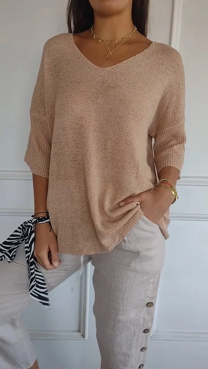 V-Neck Knit Top With Relaxed Fit