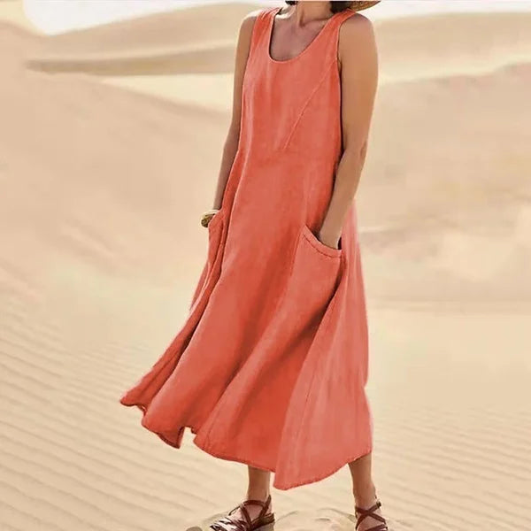 Relaxed Linen Midi Dress With Side Pockets