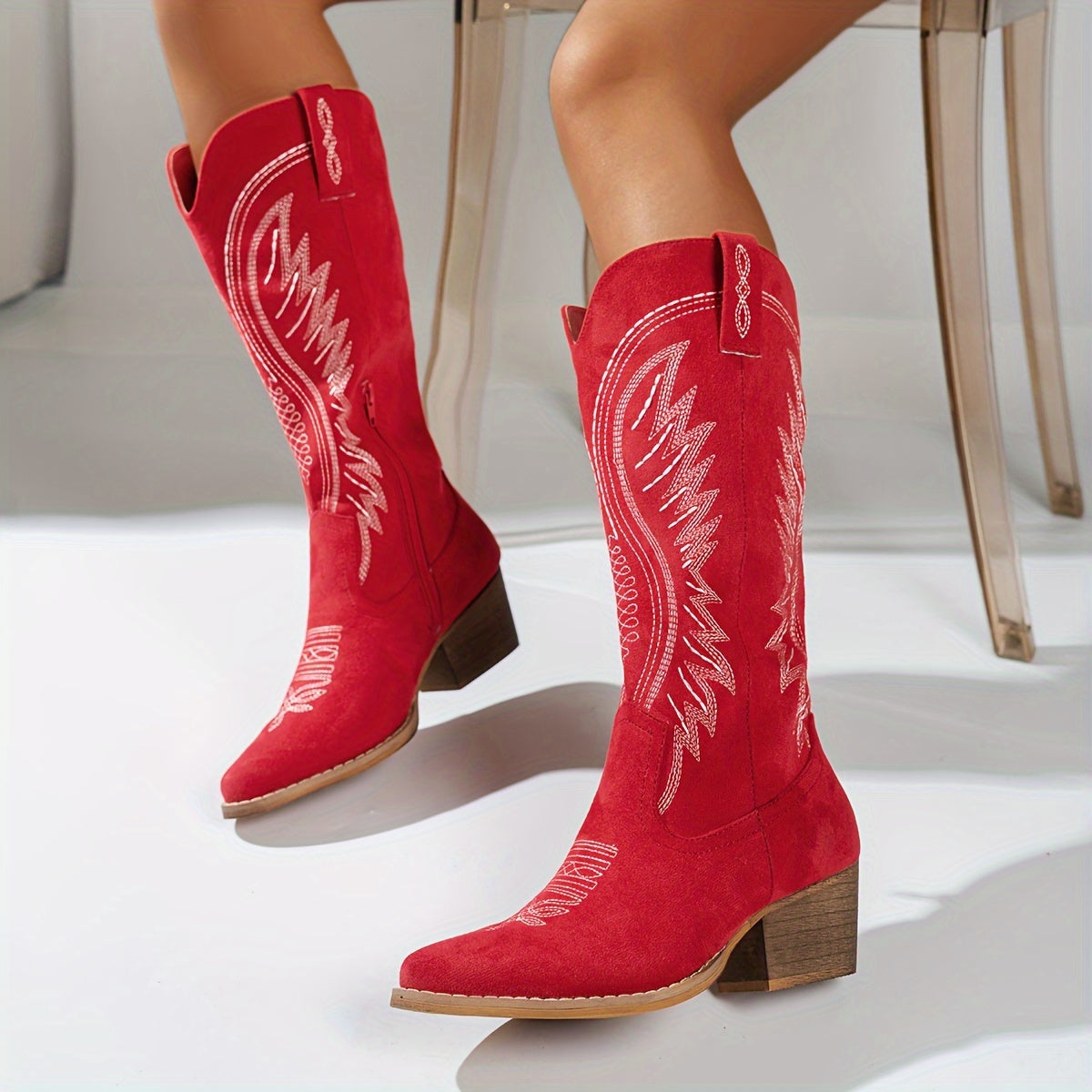 Embroidered Block Heel Western Boots
