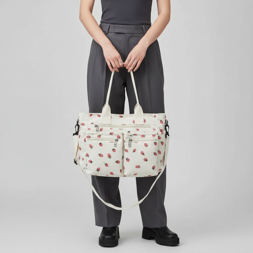 Strawberry Print Corduroy Shoulder Bag