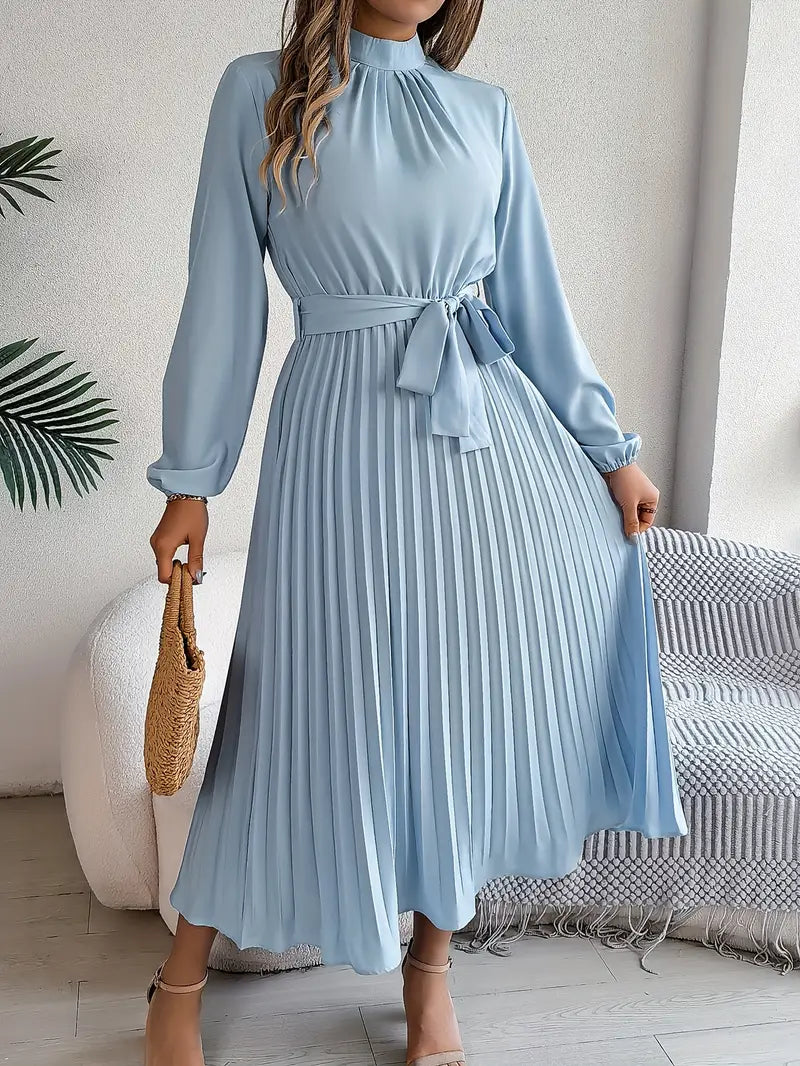 Belted Pleated Midi Dress with Long Sleeves