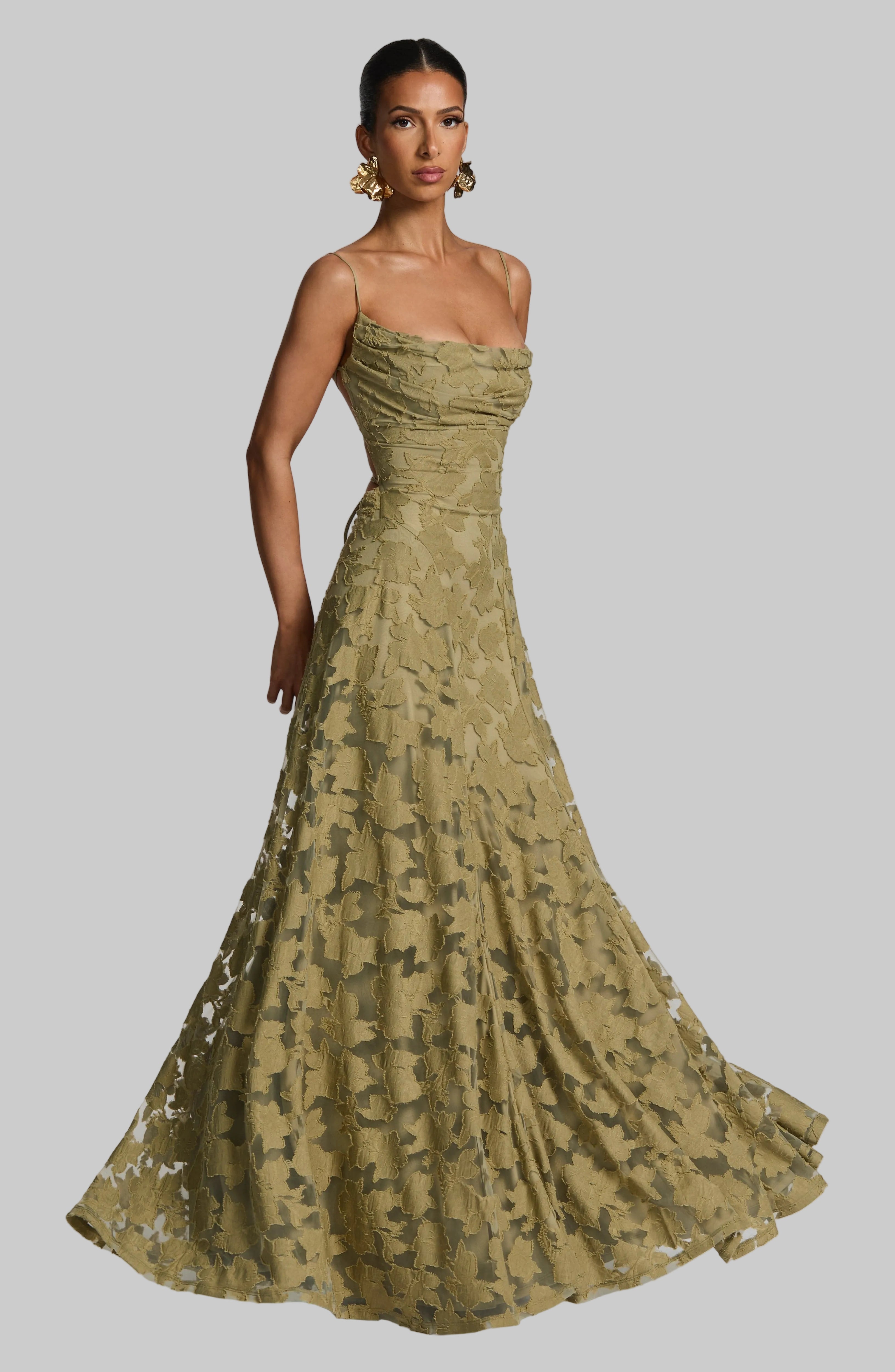 Floral Maxi Dress With Waterfall Neckline and Lace-Up Back