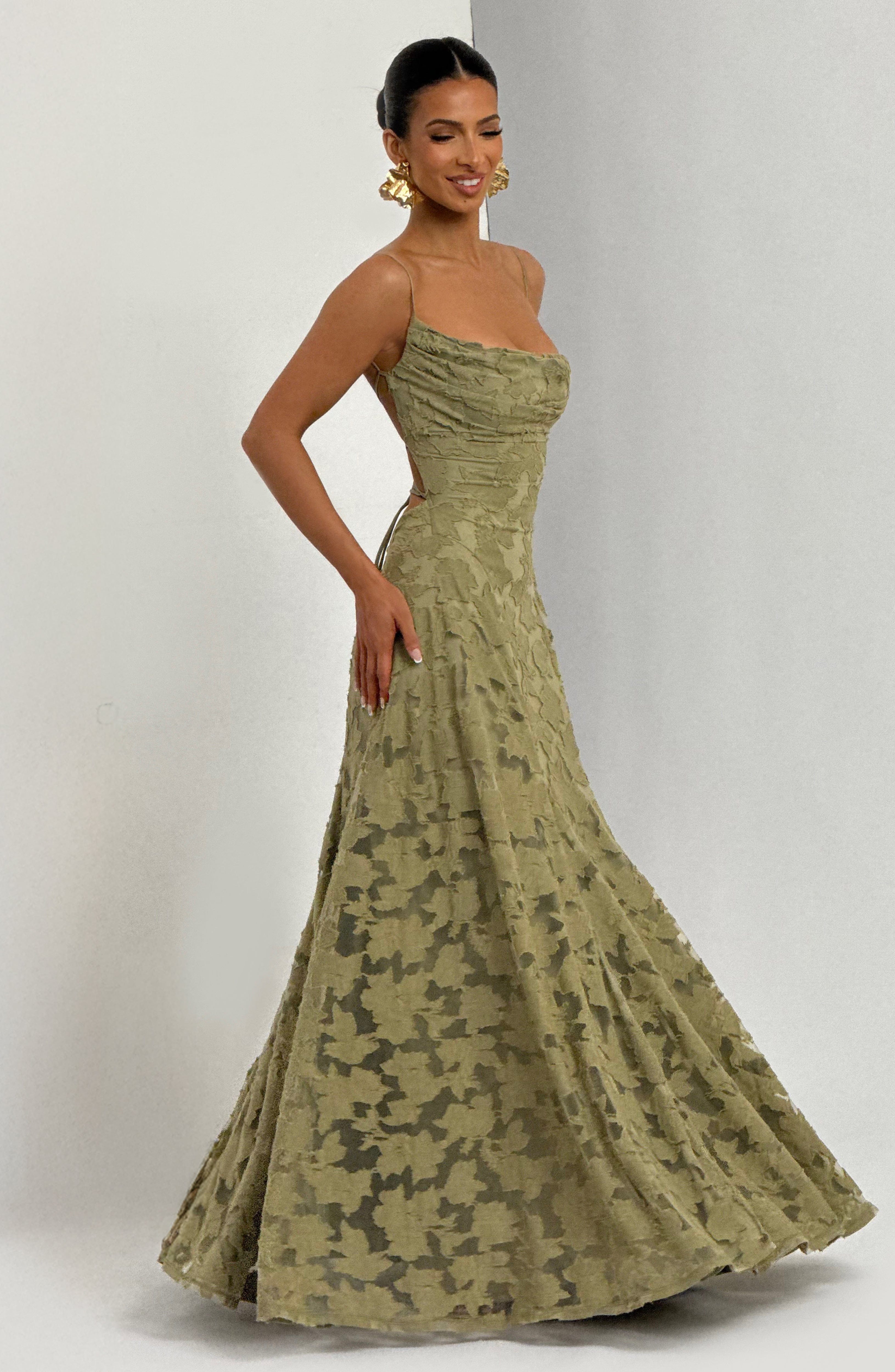 Floral Maxi Dress With Waterfall Neckline and Lace-Up Back