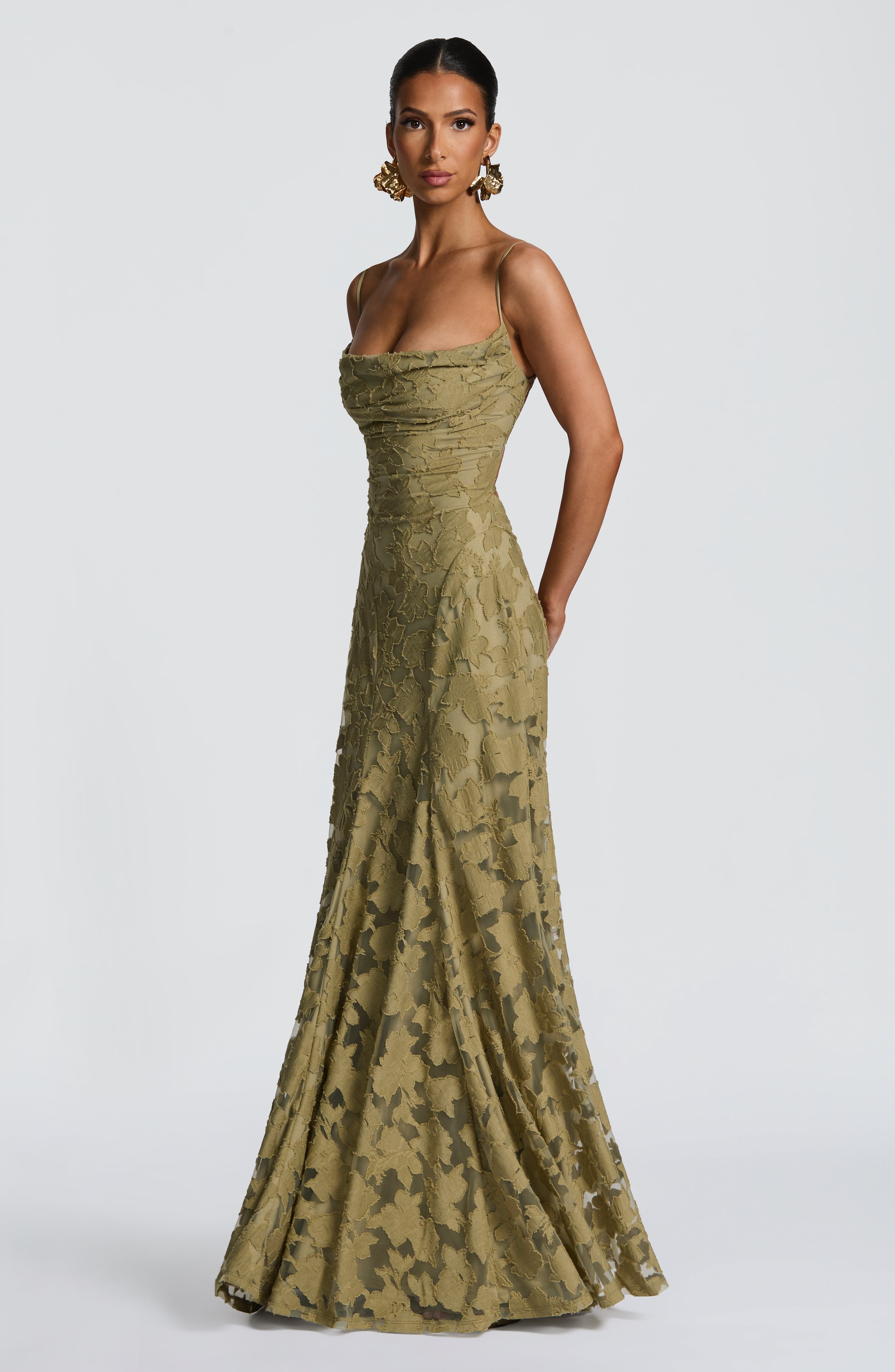 Floral Maxi Dress With Waterfall Neckline and Lace-Up Back