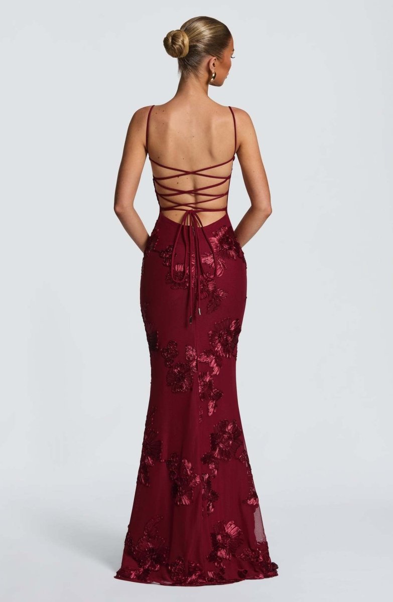 Floral Appliqué Maxi Dress With Lace-Up Back