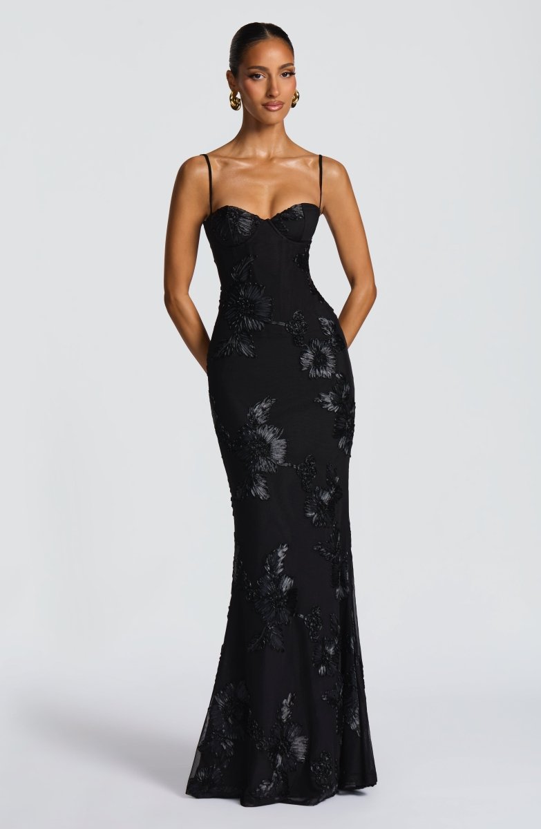 Floral Appliqué Maxi Dress With Lace-Up Back