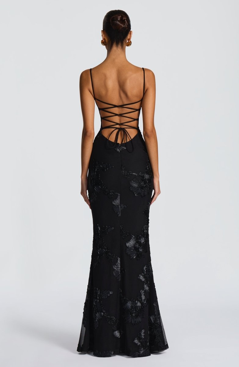 Floral Appliqué Maxi Dress With Lace-Up Back