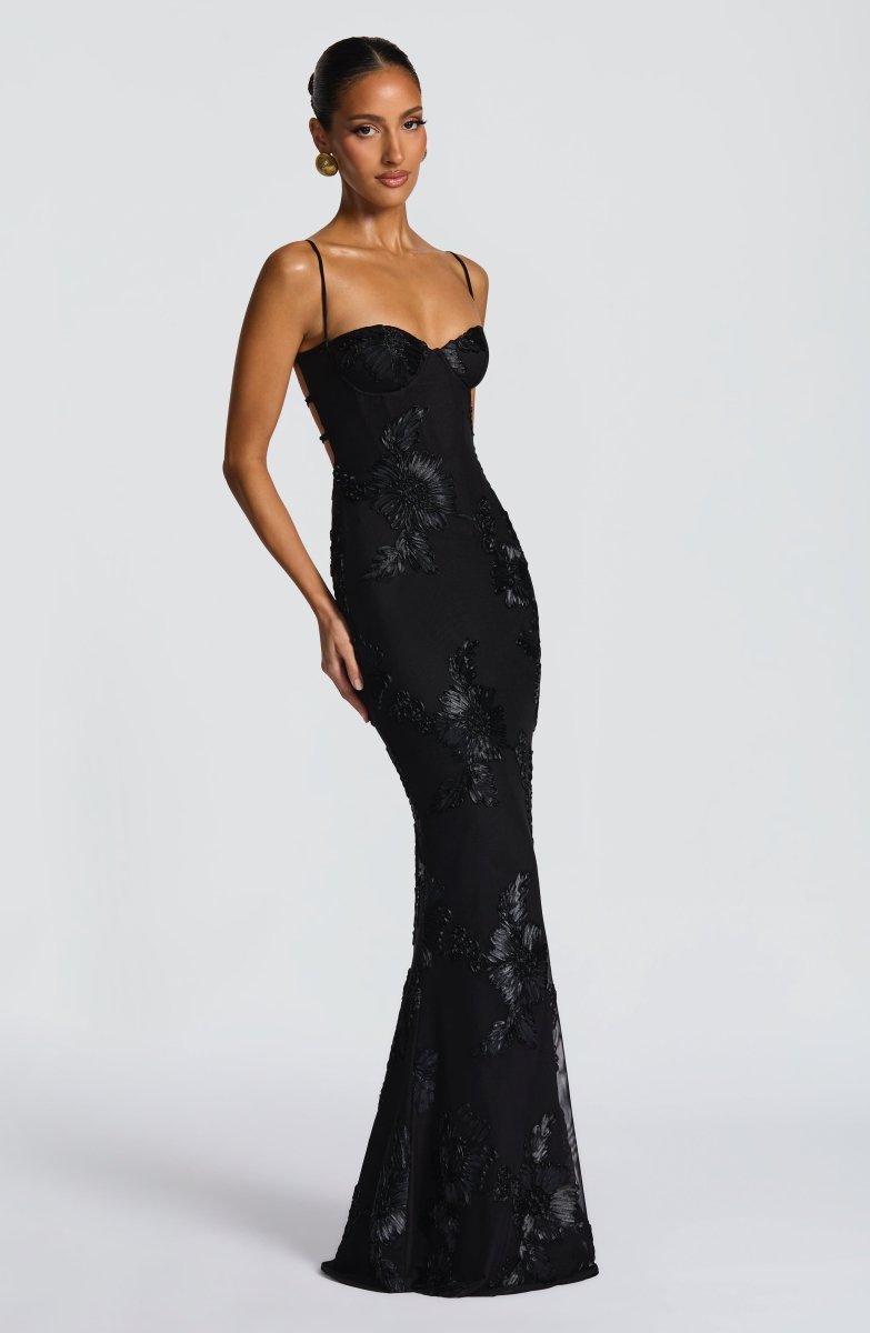 Floral Appliqué Maxi Dress With Lace-Up Back