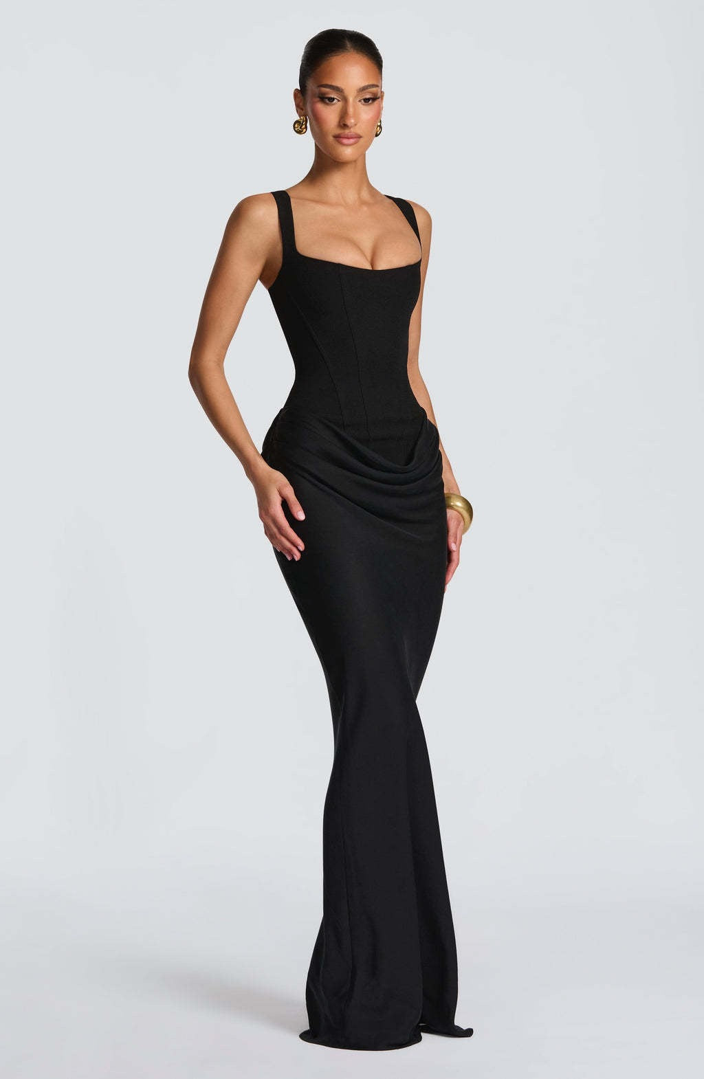 Corset Bodice Maxi Dress With Wide Shoulder Straps
