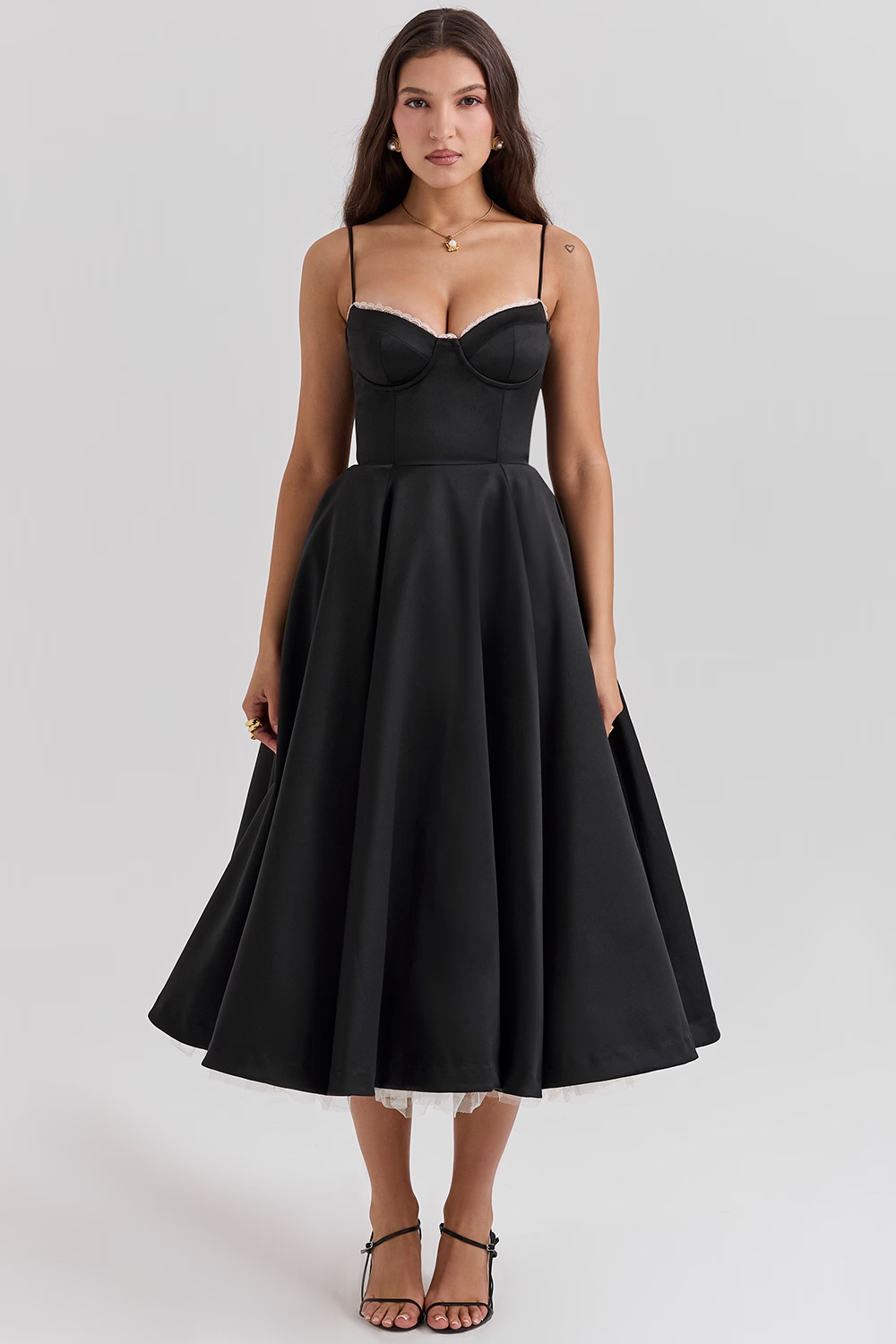 Lace-Trim Midi Dress With Corset Bodice and Pockets