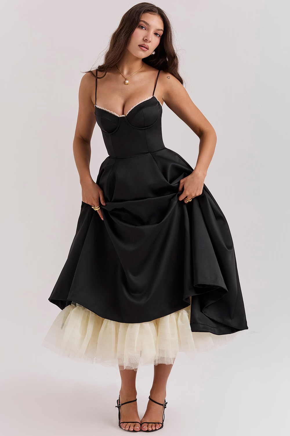 Lace-Trim Midi Dress With Corset Bodice and Pockets