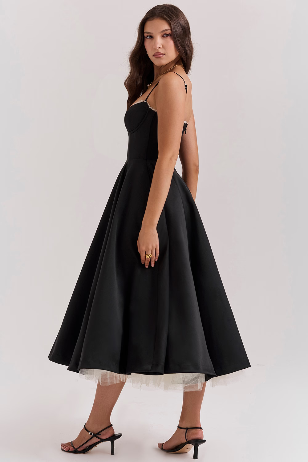 Lace-Trim Midi Dress With Corset Bodice and Pockets