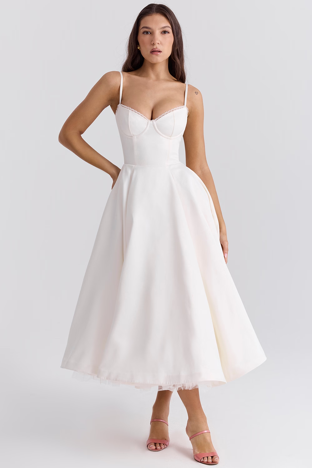 Lace-Trim Midi Dress With Corset Bodice and Pockets