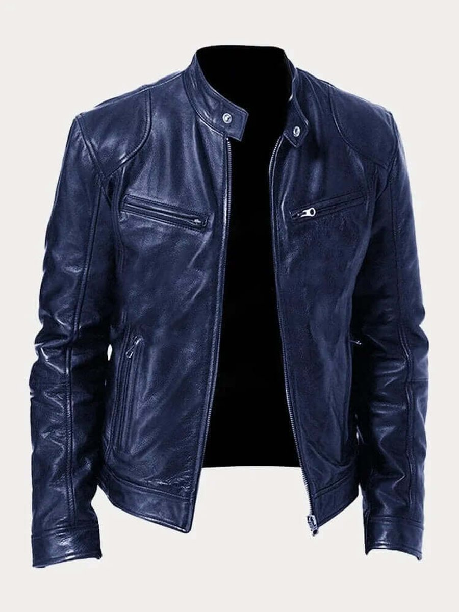 Classic Stand Collar Genuine Leather Biker Jacket