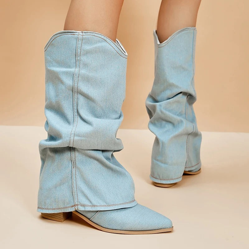 Pleated Pointed-Toe Tall Block Heel Boots