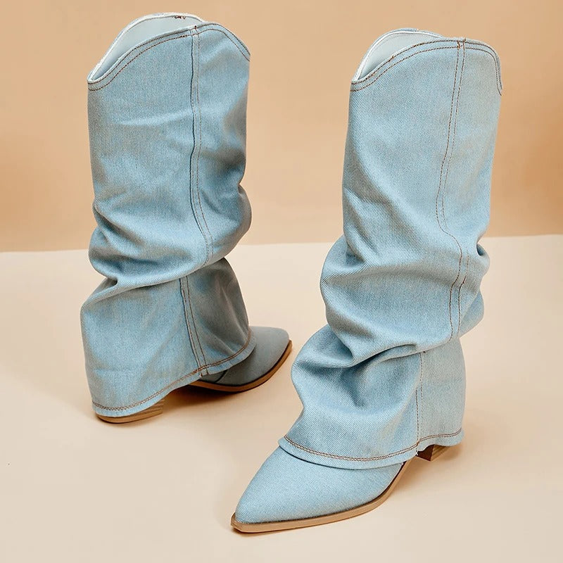Pleated Pointed-Toe Tall Block Heel Boots